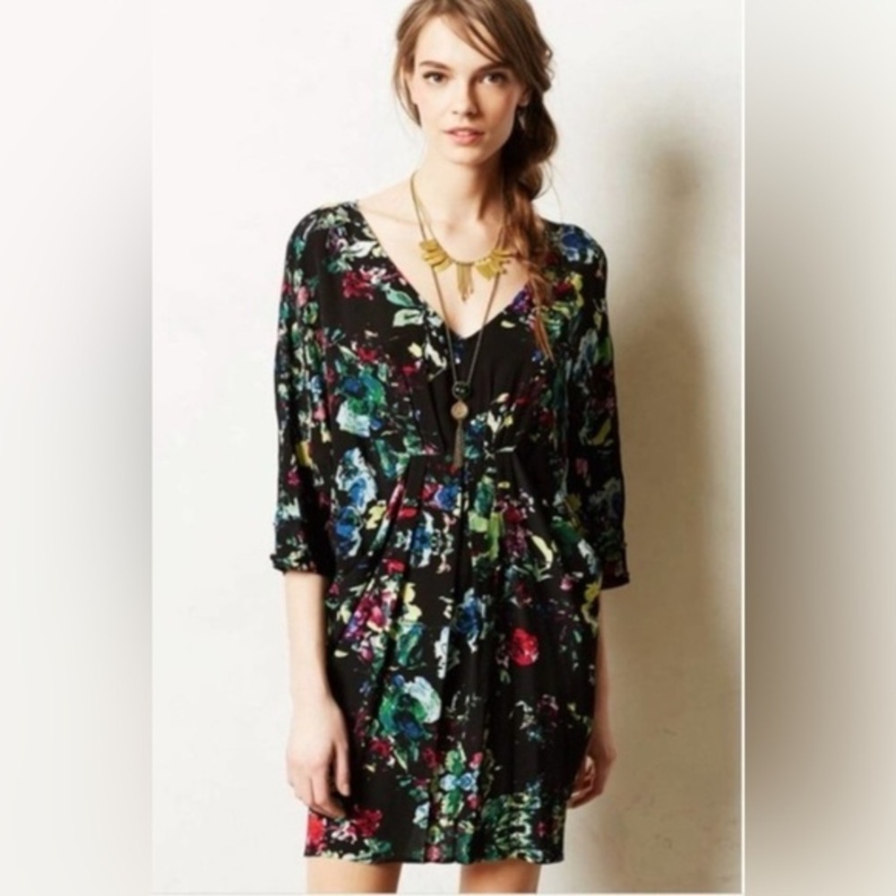 Anthropologie Maeve Black Floral Petal Palette Dress – Size Small